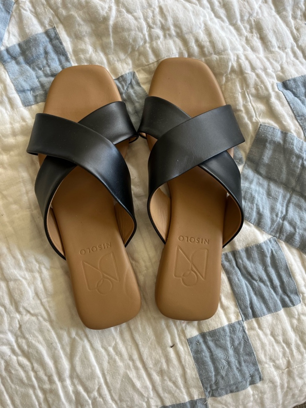Nisolo Black Leather Crossband Slide Sandals